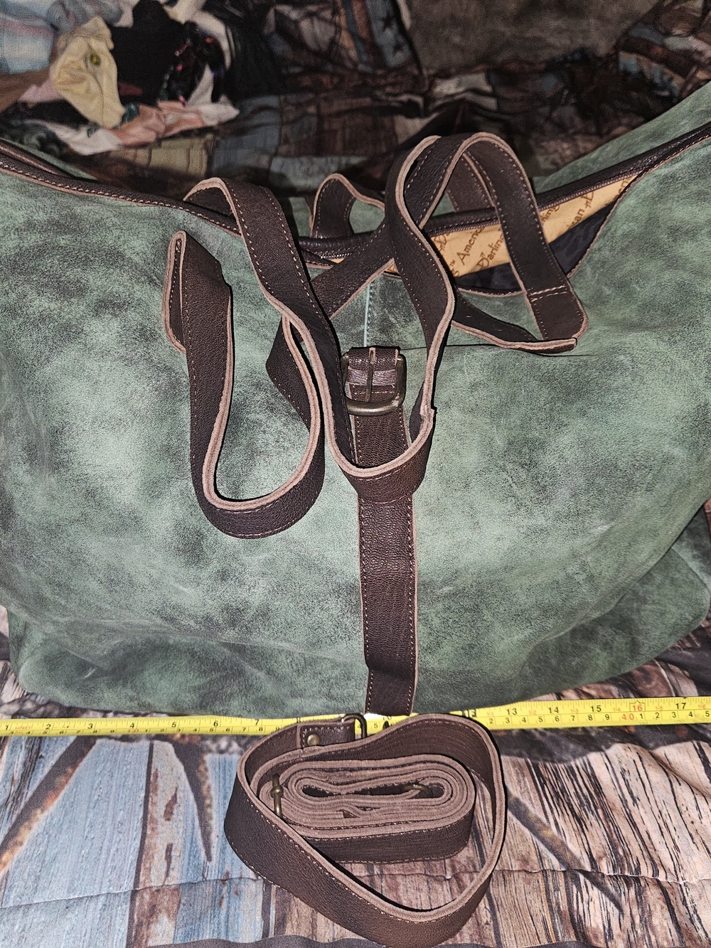 American Darling Green Suede Travel Weekender with Brown Leather Trim And Straps
